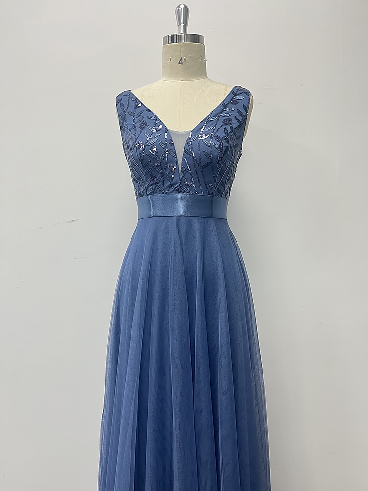 A-Linie Abendkleid Elegant Kleid Abendgesellschaft Abschlussball Bodenlang Ärmellos V Ausschnitt Gürtel / Schärpe Tüll V-Ausschnitt mit Glitzer Stickerei 2025 2025 - $56.99 –P3