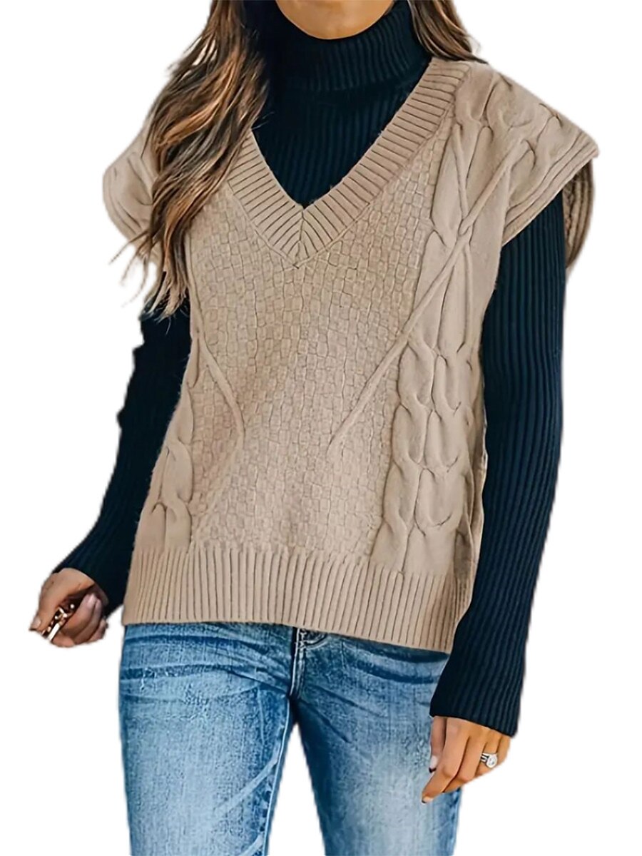 Women's Sweater Vest V Neck Cable Knit Acrylic Oversized Fall Winter Regular Daily Going out Weekend Stylish Casual Soft Sleeveless Solid Color Black Yellow Beige S M L 2023 - US $26.99 –P2