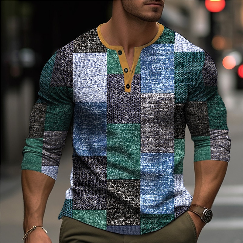Per uomo Grafico Plaid Blocco di colori Maglia Henley Maglietta a nido d'ape Manica Lunga Stampa 3D Moda Designer Casual Sport all'Aperto Ferie Festival Primavera & Autunno Blu Arancione Verde Grigio del 2026 a $24.99 –P3