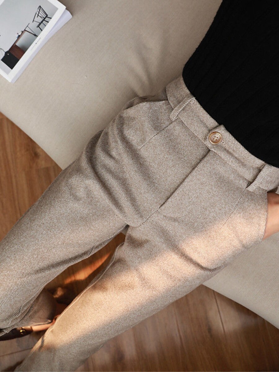 dames geklede broek visgraat broek fleece flanel cropped broek enkellange mode streetwear kantoor werk zwart askleurig s m herfst winter 2025 - $32.99 –P2