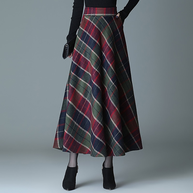 dames a-lijn geruite rok midi-rokken zak lange geruite kleurblok dagelijks datum herfst&winter twilled satijn elegant lang rood blauw groen 2025 - $32.99 –P6