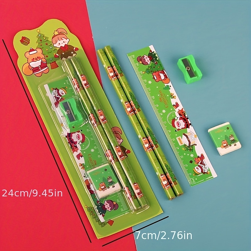 1 ensemble de combinaison de crayons de noël avec 2 crayons, 1 gomme, 1 règle, 1 taille-crayon, fournitures scolaires, cadeau de noël, outils de dessin de croquis de 2025 ? $16.99 –P1
