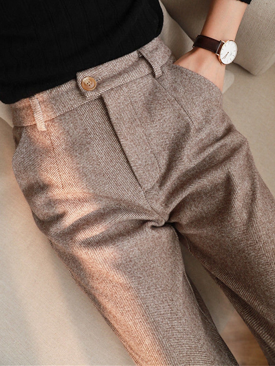 dames geklede broek visgraat broek fleece flanel cropped broek enkellange mode streetwear kantoor werk zwart askleurig s m herfst winter 2025 - $32.99 –P4