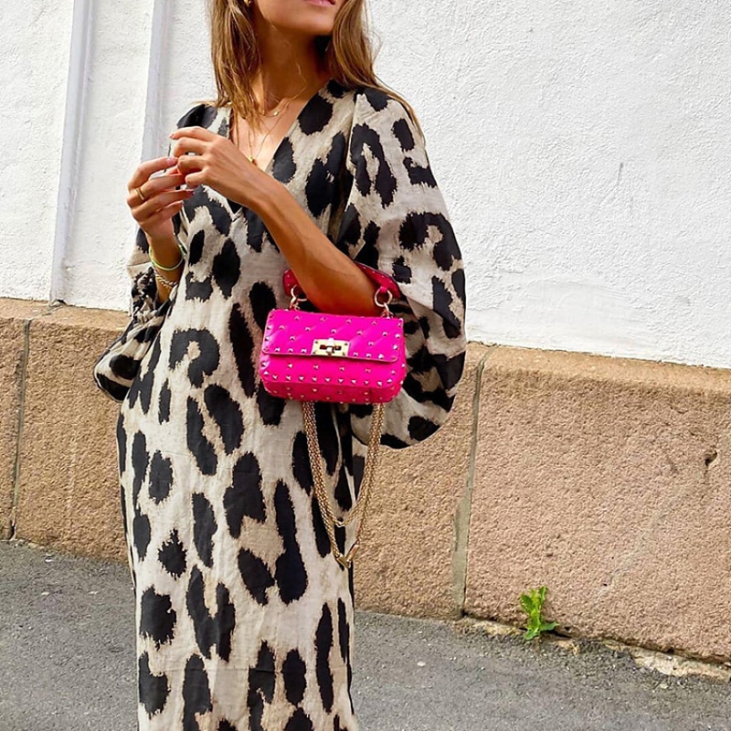 Damen Midikleid Casual kleid Boho Chic Kleider Langärmliges Boho-Kleid Böhmen Brautkleider schlicht Laternenärmel Urlaub Festtage Ausgehen Regular Fit Leopard 3/4 Ärmel V Ausschnitt Leopard Sommer 2025 - $30.99 –P4