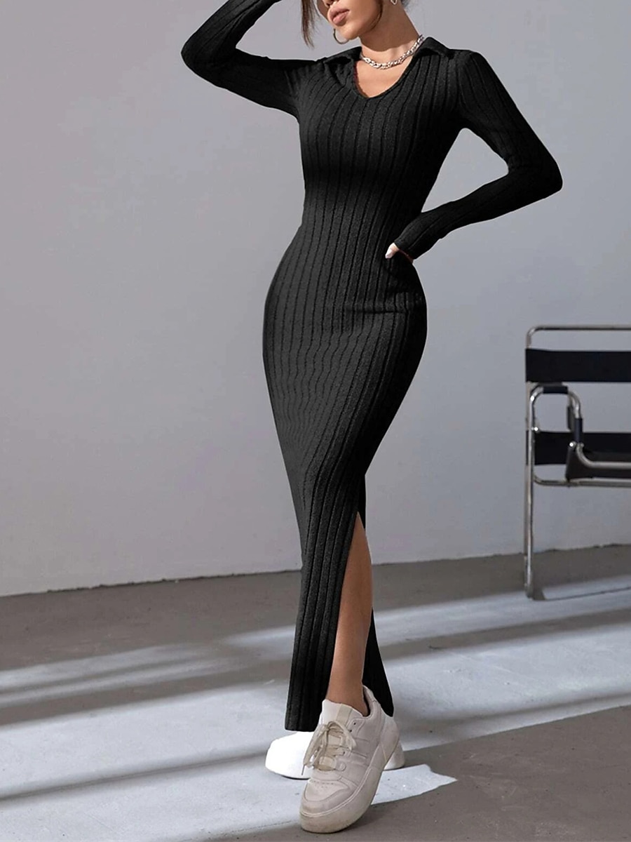 Women's Sweater Dress Winter Dress Jumper Dress Long Dress Maxi Dress Split Daily Date Going out Active Fashion V Neck Long Sleeve 2023 Slim Black Brown Color S M L Size 2023 - US $26.99 –P1