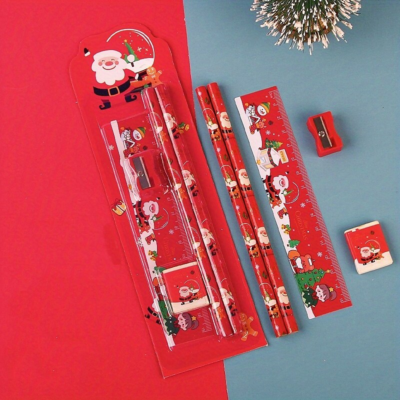 1 ensemble de combinaison de crayons de noël avec 2 crayons, 1 gomme, 1 règle, 1 taille-crayon, fournitures scolaires, cadeau de noël, outils de dessin de croquis de 2025 ? $16.99 –P3