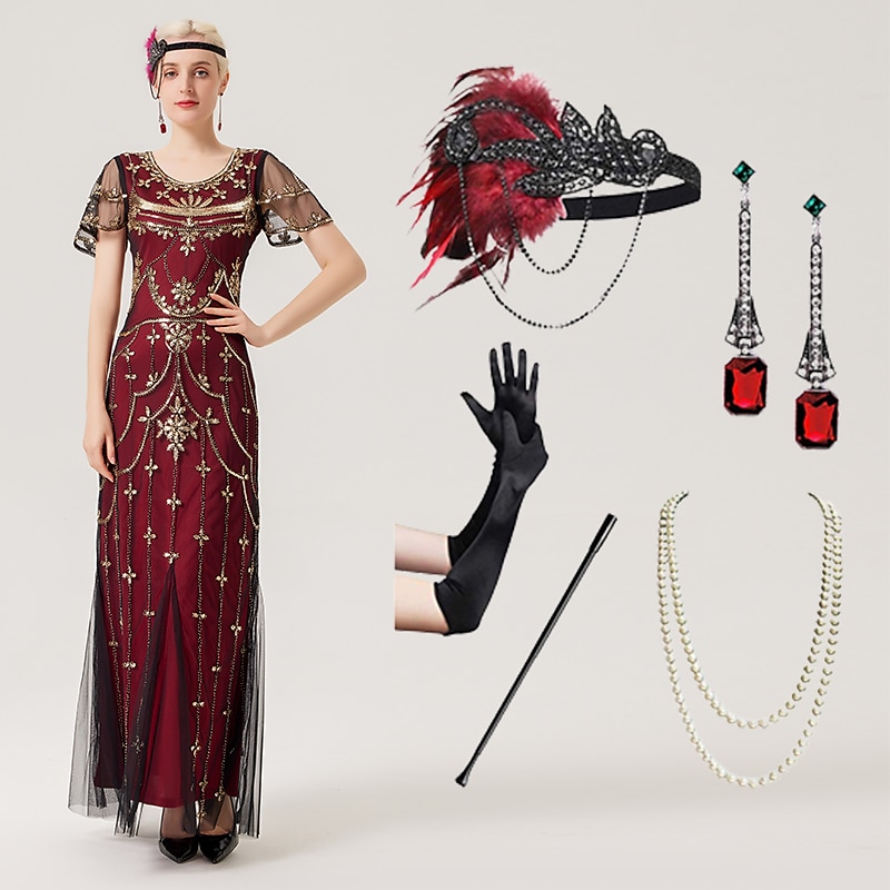 Set Anni Ruggenti Anni 1920 Lunghezza alla caviglia Vestito Abito da sera Abiti con accessori Maniche corte Il grande Gatsby Charleston Invitato al matrimonio Piuma Scollo a V Costume Per donna del 2026 a $85.99 –P10
