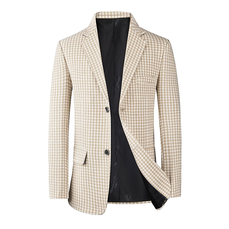 Men's Cocktail Attire Blazer Business Formal Evening Wedding Party Fashion Casual Spring &  Fall Polyester Plaid / Check Geometic Button Pocket Casual / Daily Single Breasted Blazer White Camel Beige 2025 - $66.99 –P3