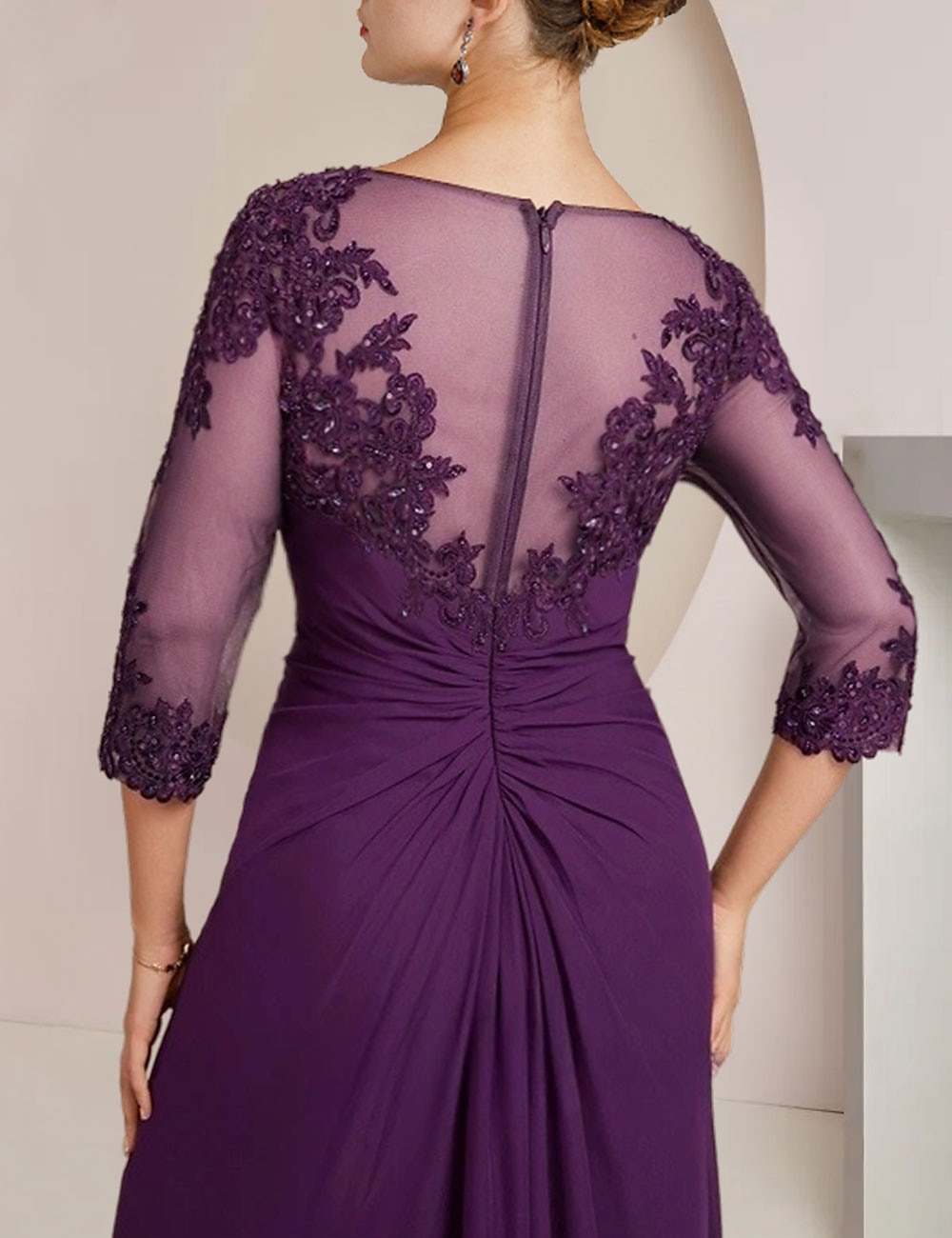 Schnitt Brautmutterkleid Formeller Hochzeitsgast Elegantes Funkeln Juwelenausschnitt Asymmetrisches Bodenlänge Chiffon Spitze 3/4-langer Ärmel mit Paillettenapplikationen kostenlose Maßanfertigung 2025 - $178.99 –P2