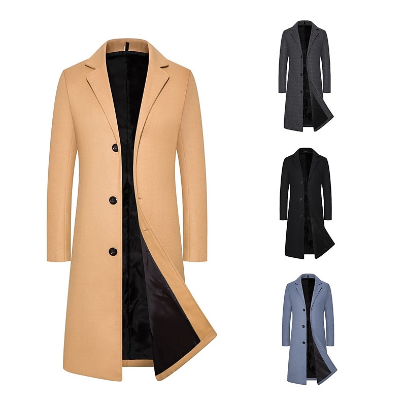 Men's Winter Coat Overcoat Trench Coat Outdoor Daily Wear Fall & Winter Polyester Thermal Warm Windproof Outerwear Clothing Apparel Fashion Streetwear Plain Lapel Single Breasted 2026 - $66.99 –P1