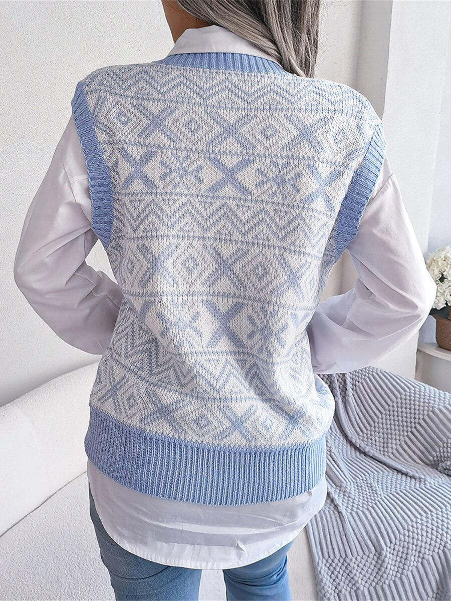 Women's Xmas Sweater Vest V Neck Ribbed Knit Acrylic Button Fall Winter Regular Outdoor Christmas Daily Stylish Casual Soft Sleeveless Snowflake Wine Blue Khaki S M L 2023 - US $27.99 –P12