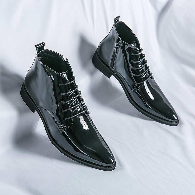 Botas de vestir de charol negro para hombre: elegantes botas con cordones, para uso formal e informal, perfectas para eventos y trabajo. 2025 - $59.99 –P3