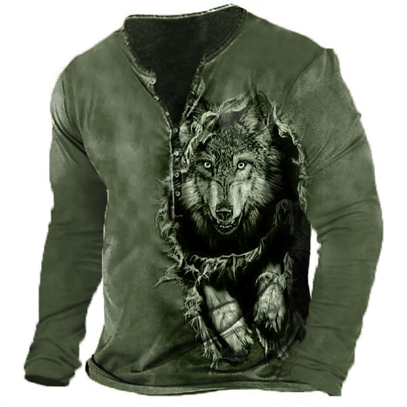 Men's Graphic Wolf Henley Shirt Long Sleeve 3D Print Fashion Daily Casual Casual Holiday Going out Spring & Fall Green Army Green Dark Blue Dark Gray Henley Henley T-Shirt 2025 - GBP £19 –P2
