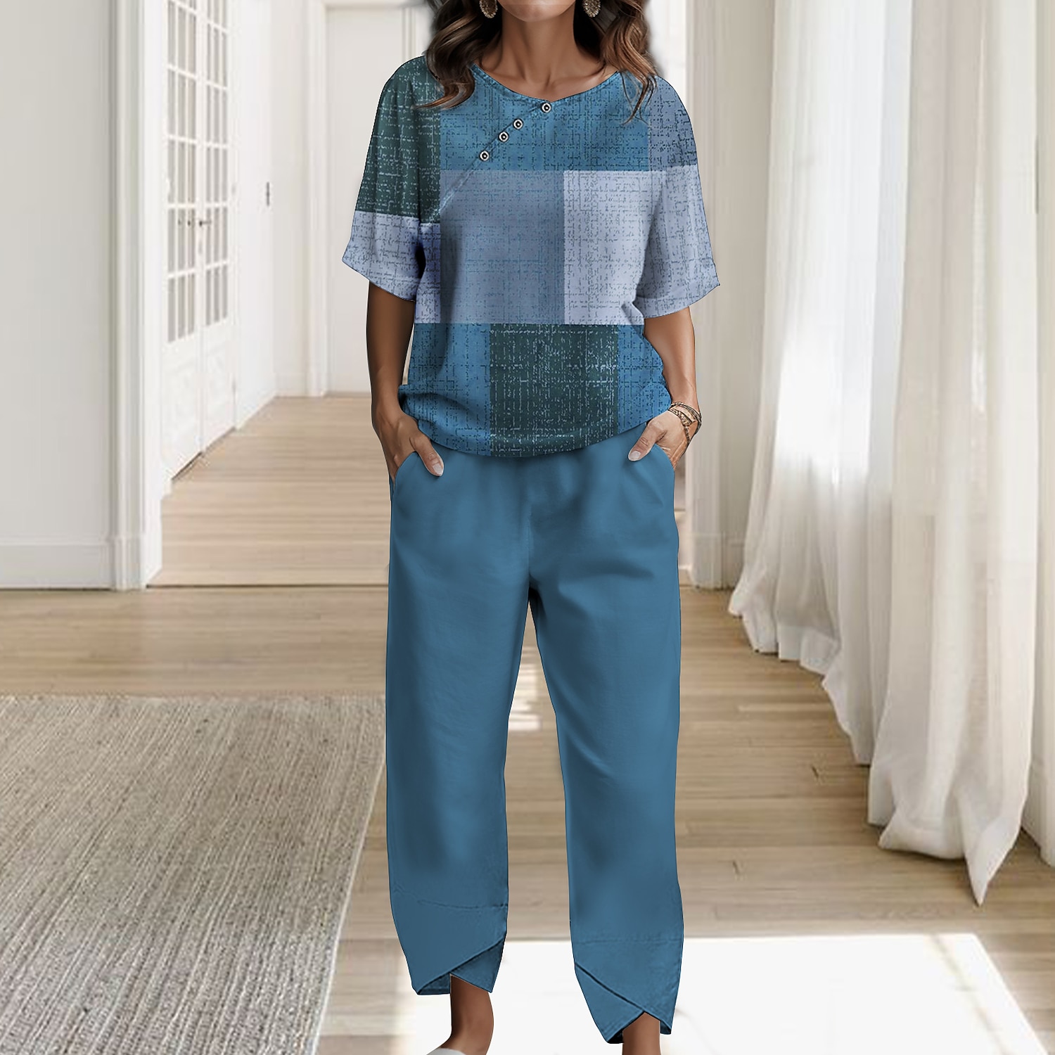 Ensemble Femme 2 Pièces Chemise Basic Pantalons Pantalons Manches Courtes Col Rond Imprimé à Carreaux Décontracté Quotidien Bleu Brun Vert Printemps Automne Ajustement Régulier de 2025 ? $44.99 –P2