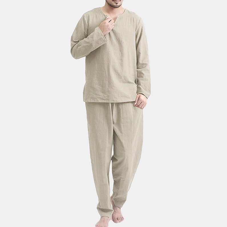 Men's Pajamas Sleepwear Pajama Top and Pant 2 Pieces Pure Color Casual Home Daily Cotton Blend Breathable Crew Neck Long Sleeve Pant Summer Spring White khaki 2025 - $34.99 –P2