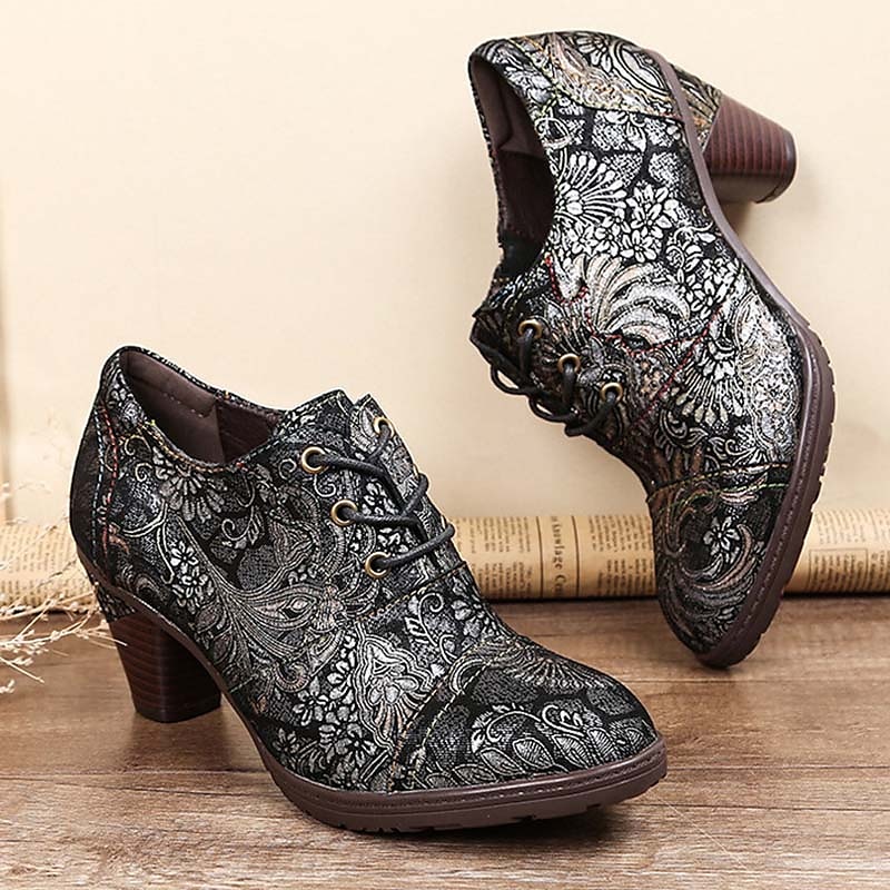 Edward-korabeli ihletésű vintage jacquard fűzős bőr bokacsizma vastag sarokkal, retró virágmintás rövid csizma nőknek 2025 - $109.99 –P10