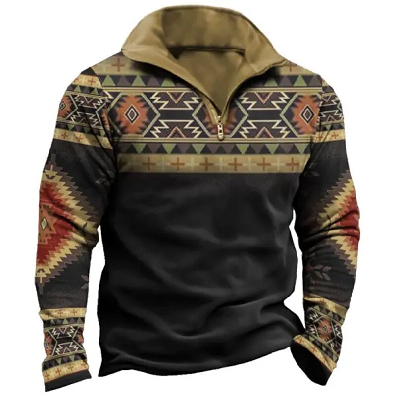 Men's Tribal Geometry Zip Polo Long Sleeve Polo Shirts Turndown Zip Vintage Outdoor Casual Daily Streetwear 3D Print Fall & Winter Black 2025 - $23.99 –P1