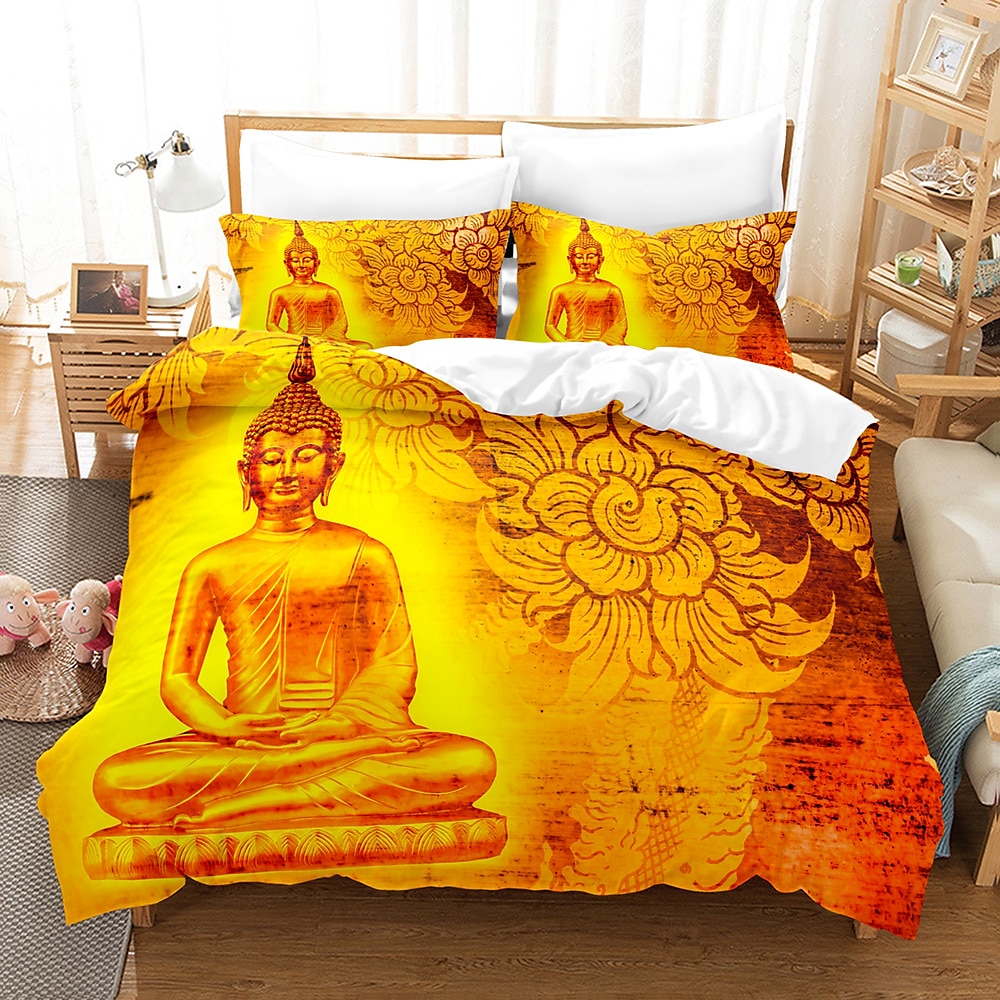 buddha mønstertrykk dynetrekk sengetøy sett dynetrekk med 1 trykktrykk dynetrekk eller trekk，2 putevar for dobbel/dronning/konge 2025 - $45.99 –P3