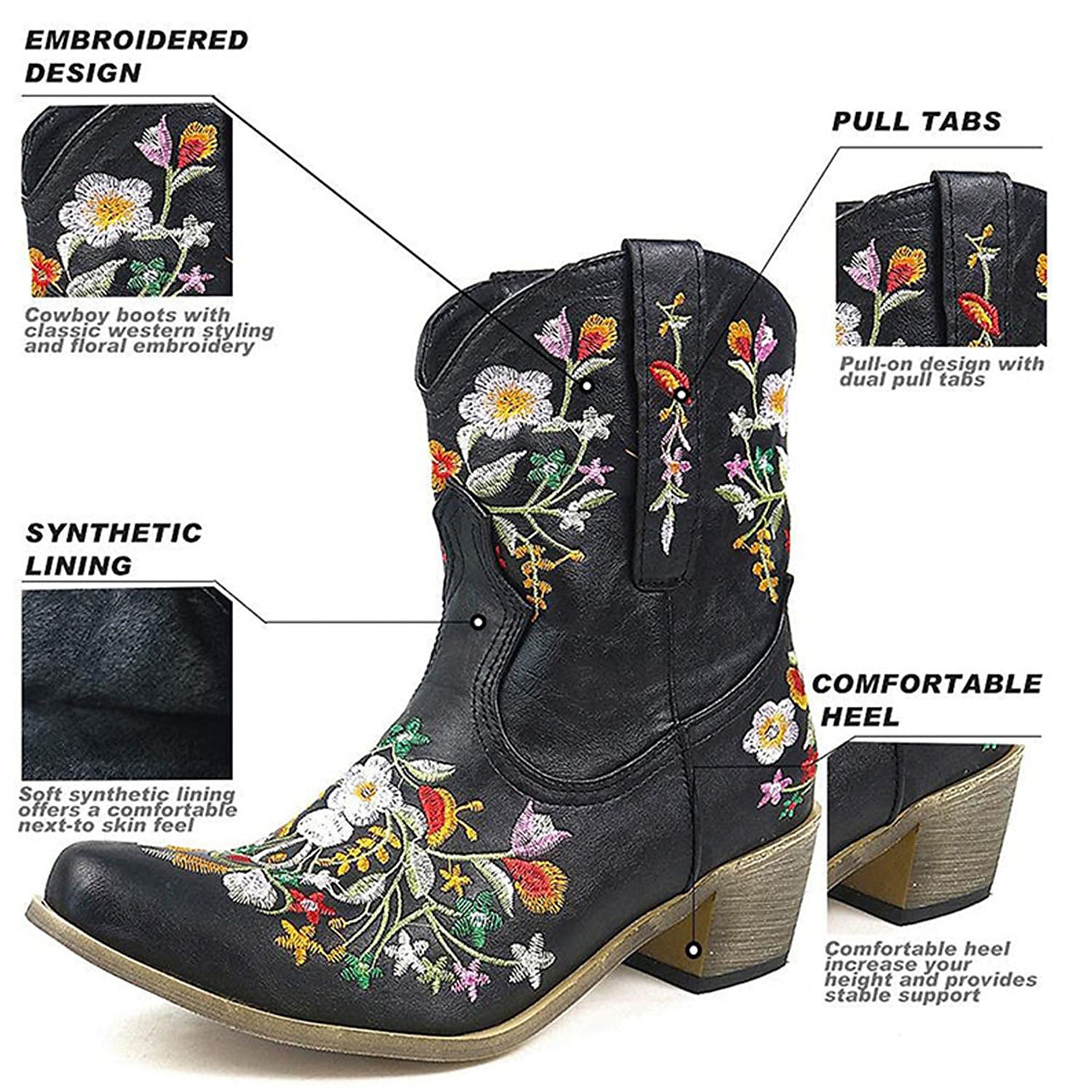 Women's Vintage Western Cowboy Boots – Floral Embroidered Faux Leather Ankle Boots for Casual and Festival Wear 2025 - $64.99 –P8