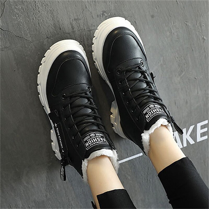 Women's Sneakers Platform Sneakers Outdoor Daily Summer Winter Flat Heel Round Toe Fashion Sporty Casual Walking PU Lace-up Black White 2023 - AED 109 –P10