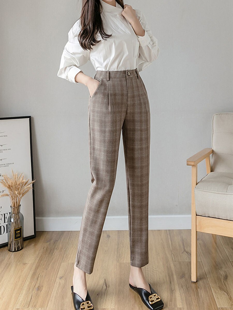 Women's Dress Pants Cropped Pants Ankle-Length Cotton Print Micro-elastic High Waist Fashion Streetwear Formal Work Grey Coffee S M Fall Winter 2023 - US $29.99 –P10