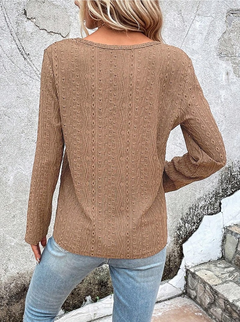 Women's Shirt Lace Shirt Blouse Eyelet top Color Block Plain Fashion Long Sleeve Round Neck Regular Tops Work Buttons Black White Purple Brown Beige Spring & Fall 2025 - $27.99 –P9
