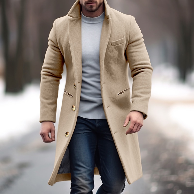Men's Winter Coat Overcoat Trench Coat Office & Career Daily Wear Winter Polyester Thermal Warm Windproof Outerwear Clothing Apparel Fashion Warm Ups Plain Pocket Lapel Single Breasted 2023 - AU $60.74 –P3