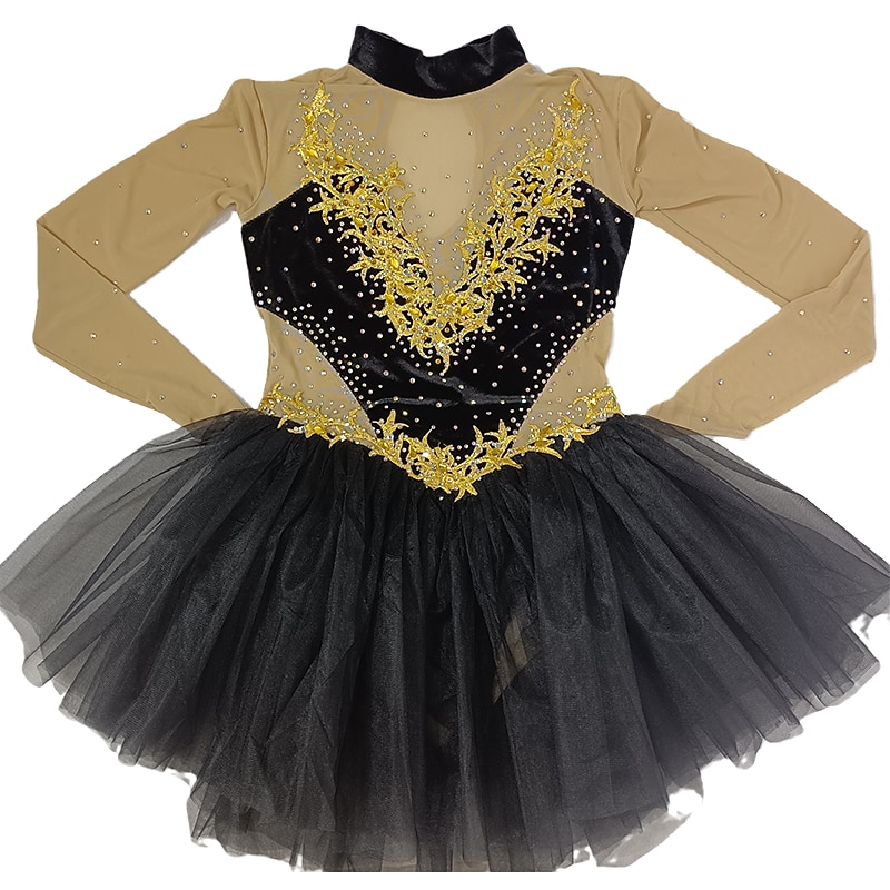2026年 フィギュアスケート ドレス 女性用 女の子 アイススケート ドレス ブラック + 黄金 パッチワーク 指穴付き メッシュ スパンデックス 伸縮性あり 訓練 レッスン用 プロフェッショナル スケートウェア クリスタル・ラインストーン 長袖 フィギュアスケート  コレクション – $224.79 –P8