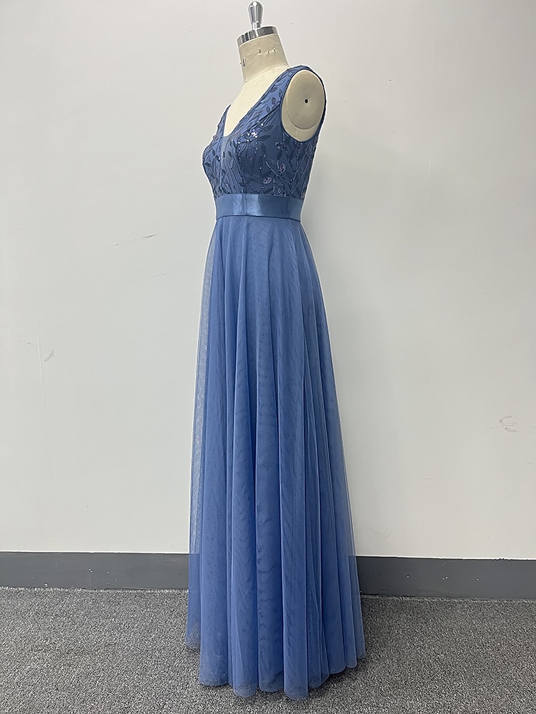 A-Linie Abendkleid Elegant Kleid Abendgesellschaft Abschlussball Bodenlang Ärmellos V Ausschnitt Gürtel / Schärpe Tüll V-Ausschnitt mit Glitzer Stickerei 2025 2025 - $56.99 –P4
