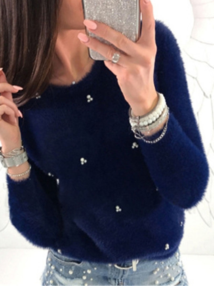 Dame Pullover genser Stilfull Fritid Myk Helfarge Riflet Crew-hals Perler Langermet Vanlige topper Strikke utendørs Daglig Ut på byen Svart Hvit Høst Vinter 2025 - $27.99 –P2