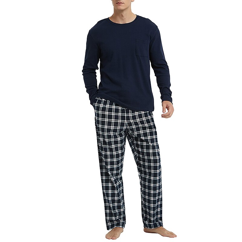 Herr Vardagsklädsel Sovkläder Pyjamas set Pyjamastopp och byxa 2 delar Rutig Stylish Ledigt Komfort Hem Dagligen Bomullsblandning Komfort Rund hals Långärmad T-shirt Byxa Snörning Elastisk midja 2025 - $33.99 –P1