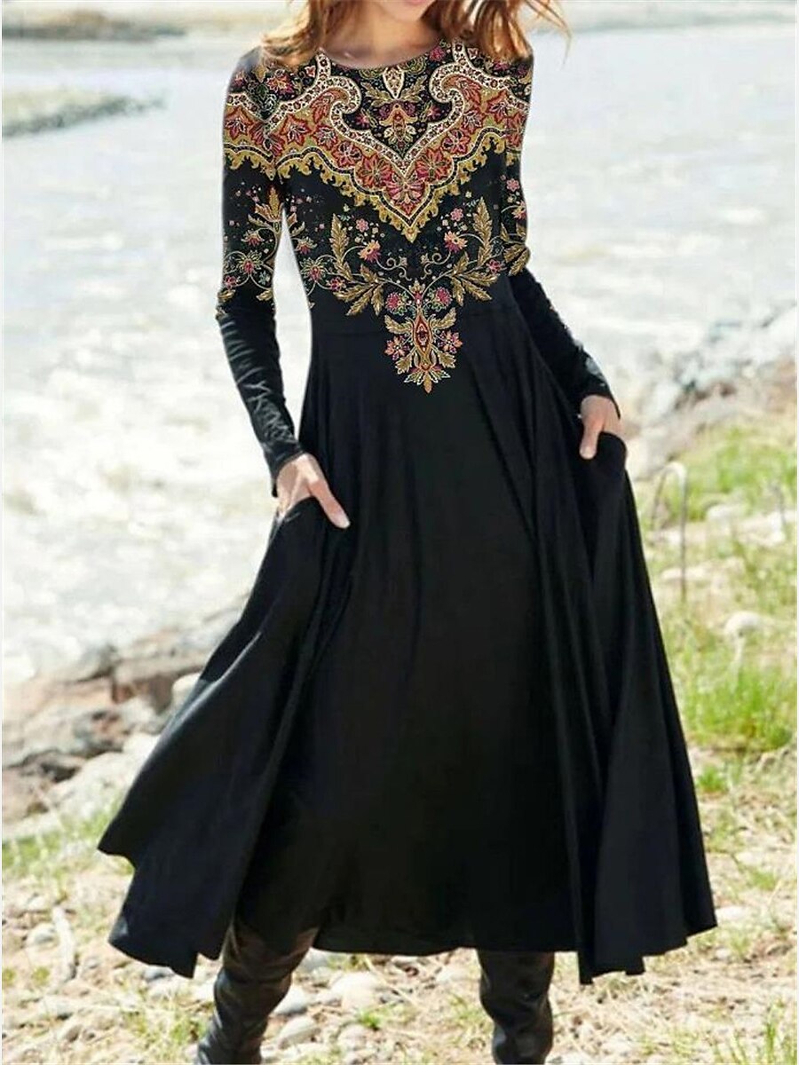 Per donna Vestito longuette Abito casual Vestito invernale Abito etnico Vestito svasato Vintage Etnico Tribale Formale Esterno Da mare Standard Ambra Floreale Tribale Manica lunga Girocollo Nero del 2025 a $36.99 –P1