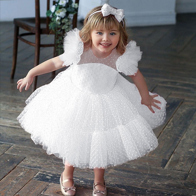 Copii Fete Rochie de petrecere Culoare solidă Manșon scurt Performanță Nuntă Zi de Naștere Dantelă Adorabil Prințesă Frumoasa Bumbac Midi Rochie de petrecere Primăvară Toamnă Iarnă 3-12 ani Alb Verde 2025 - $52.99 –P2