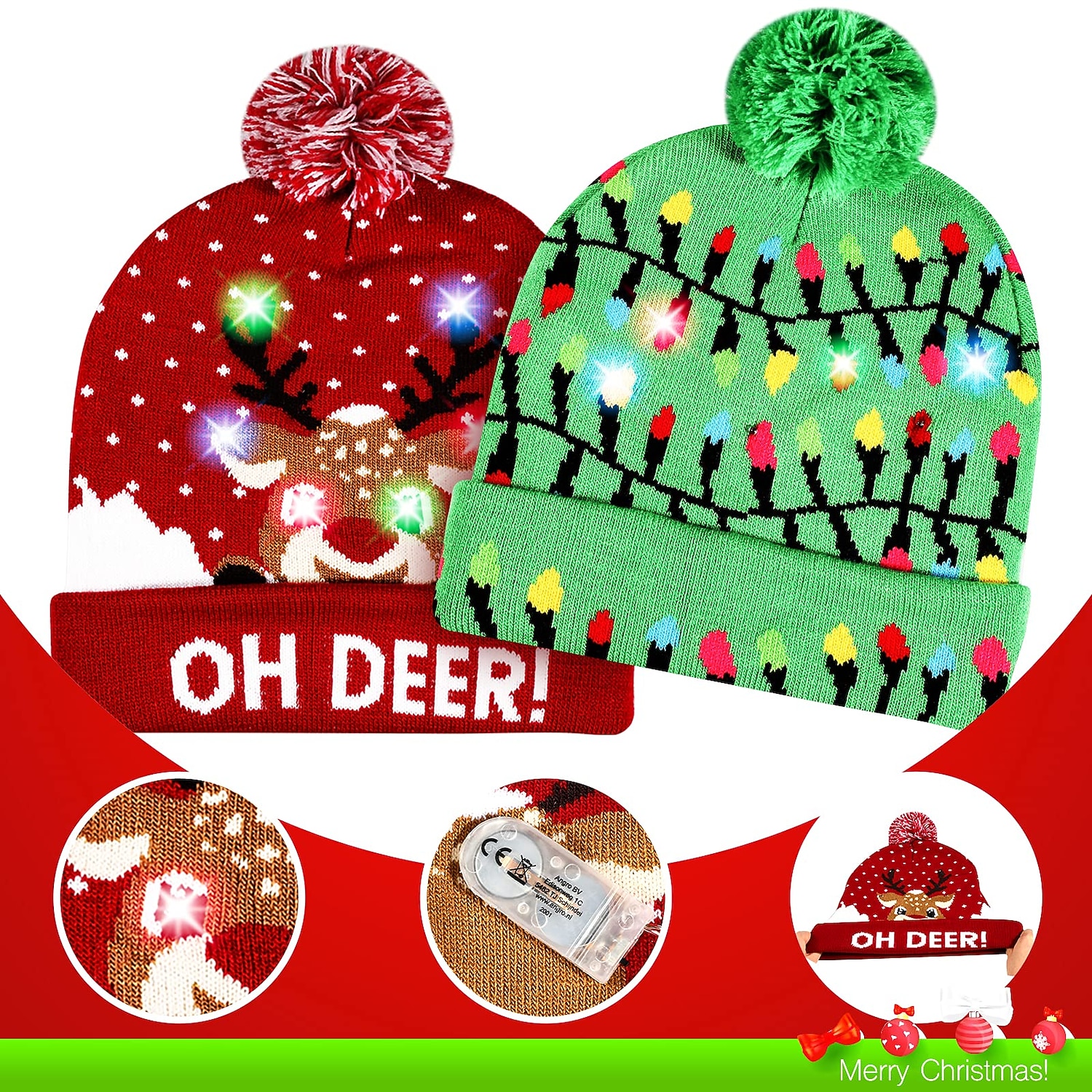 2er-Pack LED-Weihnachtsmütze, leuchtende Weihnachtsmütze, Unisex-Strickmütze, Weihnachtsmütze mit Rentier-Weihnachtsbaum-Aufdruck für Partys 2025 - $17.99 –P4