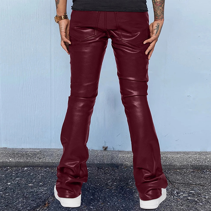 Men's Trousers Faux Leather Pants Casual Pants Pocket Plain Comfort Breathable Outdoor Daily Going out Fashion Casual Black Red 2025 - $32.99 –P8