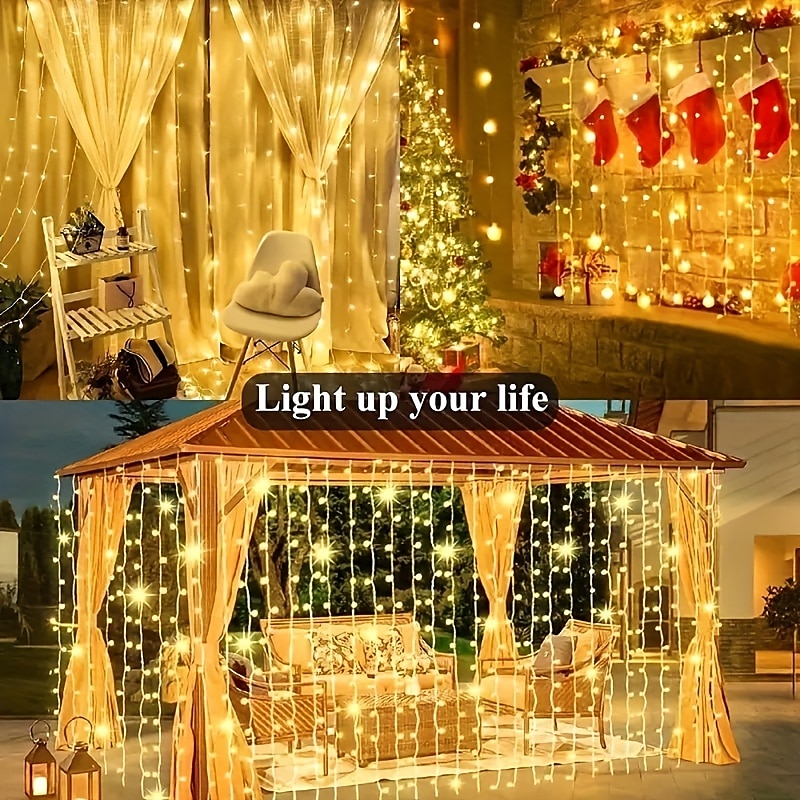 3*3m 300 led φωτιστικό ηλιακής κουρτίνας φωτιστικό εξωτερικού χώρου τηλεχειριστηρίου 8 λειτουργίες φωτισμού νεράιδα φώτα ip65 αδιάβροχα δερμάτινα φώτα νήμα Χριστουγεννιάτικο πάρτι γάμος σπίτι 2025 - $34.99 –P3