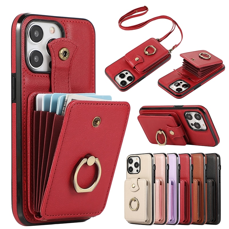 Phone Case For iPhone 15 Pro Max Plus 14 13 12 11 X XR XS 8 7 Back Cover  Wallet Case Ring Holder with Lanyard Card Slot Retro TPU Metal PU Leather  2023 - US $19.49