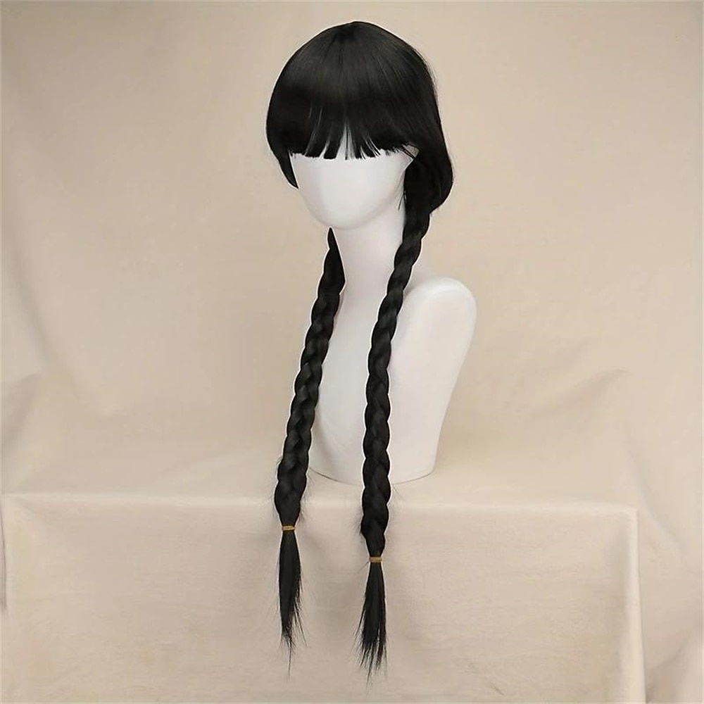 perruque synthétique mercredi droite avec 2 queues de cheval perruque fabriquée à la machine cheveux synthétiques longs noirs femmes doux naturel fête noir perruques d'Halloween de 2025 ? $22.99 –P5