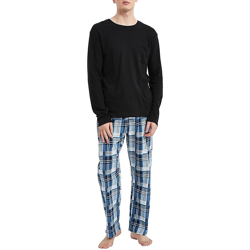 Herr Vardagsklädsel Sovkläder Pyjamas set Pyjamastopp och byxa 2 delar Rutig Stylish Ledigt Komfort Hem Dagligen Bomullsblandning Komfort Rund hals Långärmad T-shirt Byxa Snörning Elastisk midja 2025 - $33.99 –P11