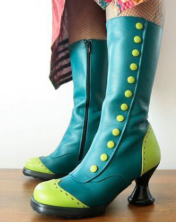női vintage kékeszöld és lime gombos térdcsizma faragott sarokkal - retro cosplay és divatos lábbeli 2025 - $54.99 –P4