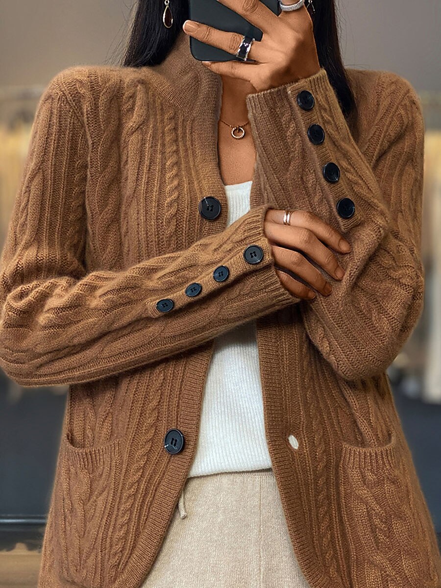 Women's Cardigan Sweater V Neck Cable Knit Polyester Button Pocket Fall Winter Short Daily Going out Weekend Stylish Casual Soft Long Sleeve Solid Color White Camel Brown S M L 2023 - US $28.99 –P6
