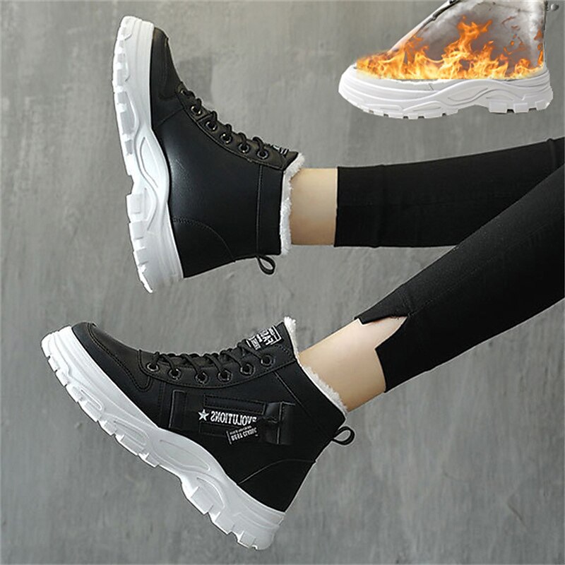 Women's Sneakers Platform Sneakers Outdoor Daily Summer Winter Flat Heel Round Toe Fashion Sporty Casual Walking PU Lace-up Black White 2023 - AED 109 –P8