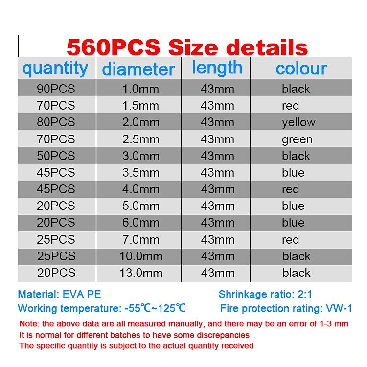 164/560pcs Shrinking Heat Shrink Tubing 2:1 Polyolefin Tube Sleeve Wrap Wire Set Multicolor 2025 - $9.99 –P2