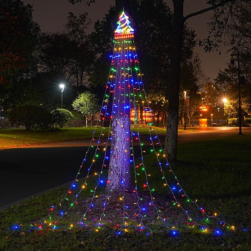 led juletrelys jule foss dekorasjon lys med topper 350 lysdioder 8 moduser innendørs solenergi utendørs lysstreng til hagefest hjemme ferie jul halloween Thanksgiving day 2025 - $36.99 –P2