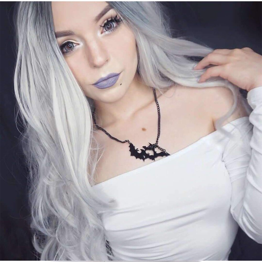 parrucche costume grigio argento per le donne halloween ricci ondulati lunghi moda cosplay ombre nero mix parrucche di capelli grigi del 2025 a $22.99 –P2