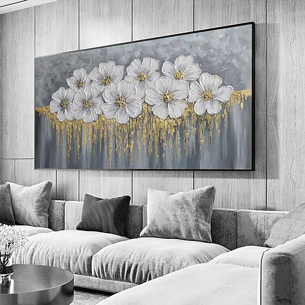Handgefertigtes handgemaltes Ölgemälde an der Wand, abstraktes Ölgemälde mit weißen blühenden Blumen auf Leinwand, originales goldenes Blumen-Acrylgemälde, modernes großes Wandkunst-Dekor, gerollte 2025 - $77.99 –P10