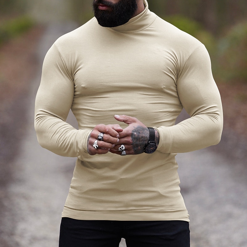 Herren T Shirt T-Shirt Langarmshirt Langarm Rollkragen Frühling & Herbst Einfach Mode Designer Basic Urlaub Straße Ausgehen Wein Aprikose Dunkelgrau Top T-Shirt für Herren 2025 - $23.99 –P2