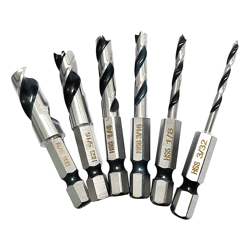 Set 6 bucăți burghie HSS pentru lemn cu tijă hexagonală de schimbare rapidă de 1/4 inch 3/32 1/8 3/16 1/4 5/16 3/8 2025 - $18.99 –P1