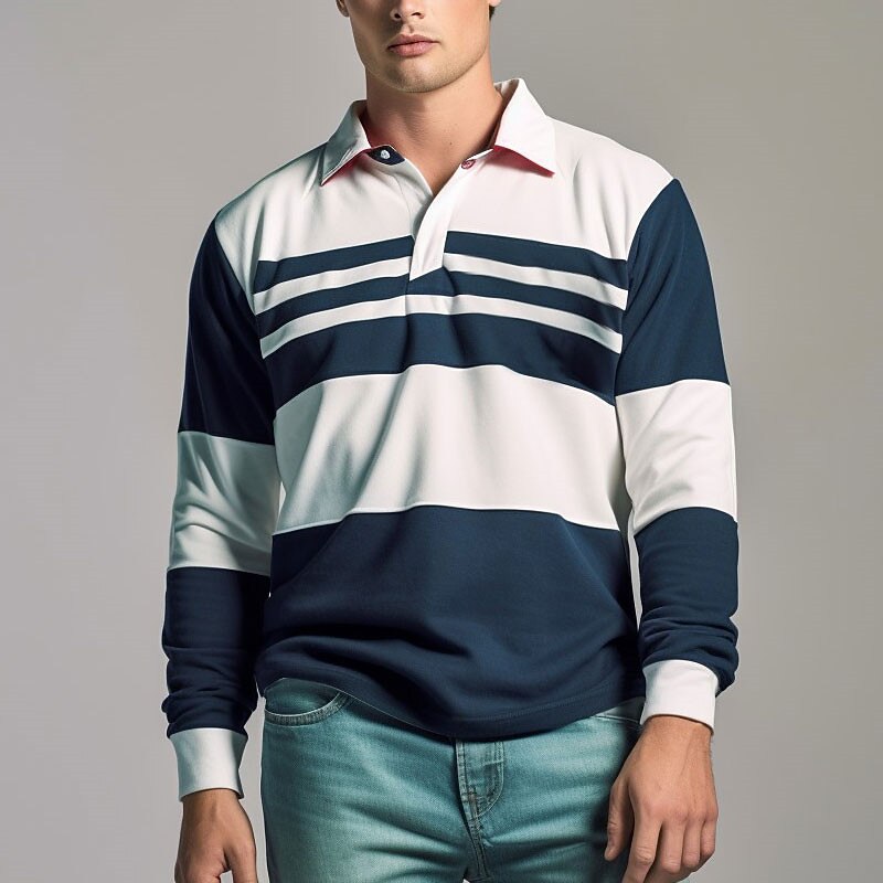 Herren Gestreift Rugby-Poloshirts Langarm Polo-Shirts Reißverschluss Lässig Outdoor Streetwear Alltagstauglich 3D Druck Herbst Winter Marineblau Grün Dunkelblau 2026 - $25.99 –P2