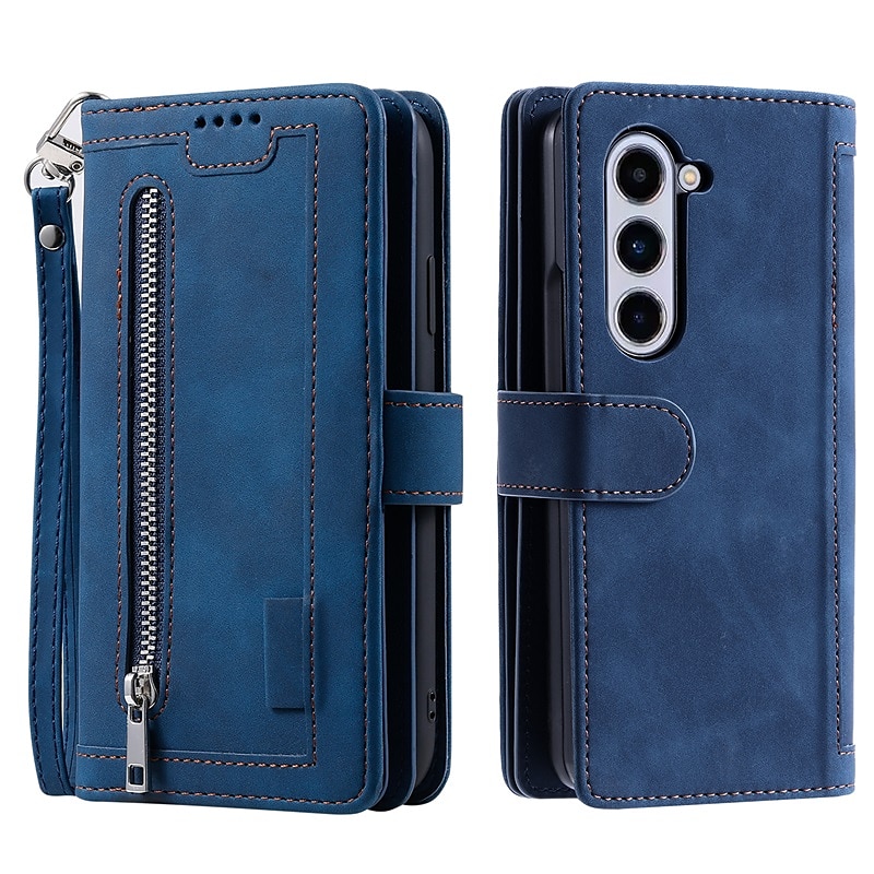 Funda para teléfono para Samsung Galaxy Z Fold 5 Z Fold 4 Z Fold 3 Funda de billetera con cremallera protección completa con correa para muñeca color liso de cuero PU 2025 - $21.99 –P13